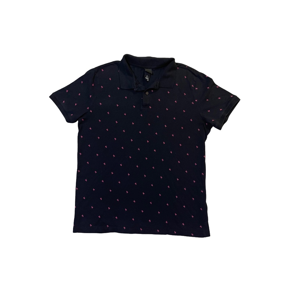 H&M Men's Black Polo Shirt with Flamingo Pattern_Size Large